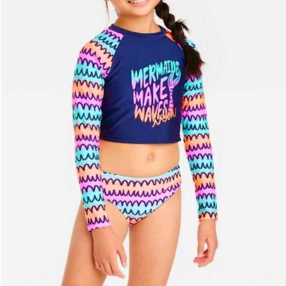 Cat & Jack 3-Piece Swimsuit Set 2-Pc Suit + Shirt Blue Wave Mermaid XS 4/5